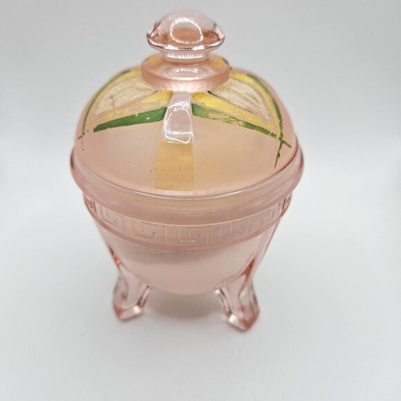 Unknown Other - Vintage Glass Vanity Powder Jar Art Deco Pink Satin Hand Painted Lid